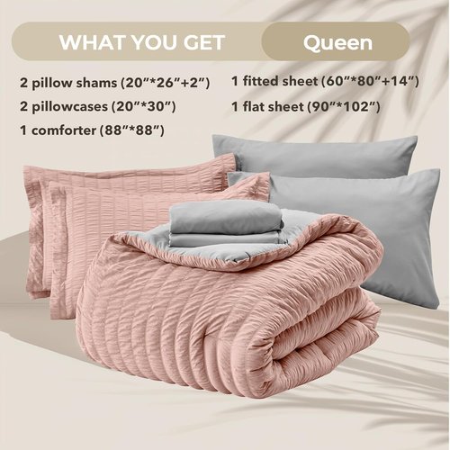 HYMOKEGE Queen Comforter Set - Luxury 7-Piece Seersucker Bedding in Rose Gold & Light Grey