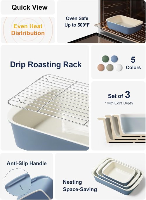 LE TAUCI Ceramic Baking Dish Set - Large Deep Casserole Dishes with Handles | Dusty Blue, 3-Piece Set (4.6QT/3.0QT/1.6QT)