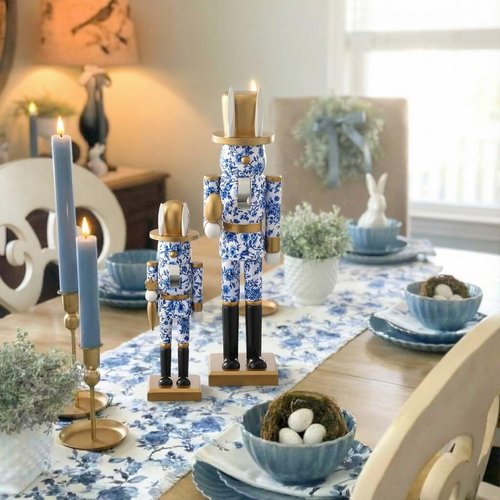 Weysat 2 Pcs Easter Nutcracker Figure Blue and White Bunny Wooden Nutcracker Figure Chinoiserie Easte Ornament for Festival Party Gift Shelf Table Desktop Fireplace Decor 10inch, 15inch