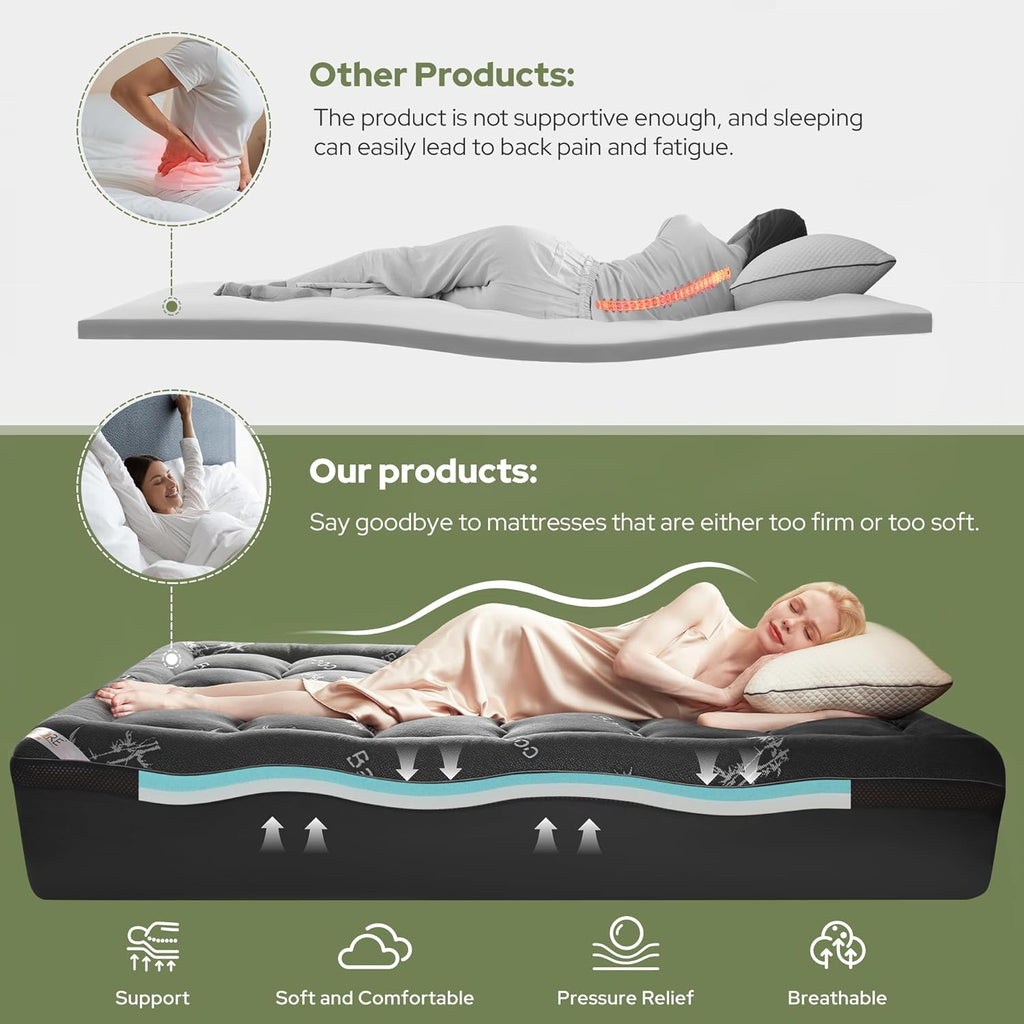 BEDLORE Memory Foam Mattress Topper - 4 Inch Dual Layer Design for Pressure Relief | Queen Size, Dark Gray