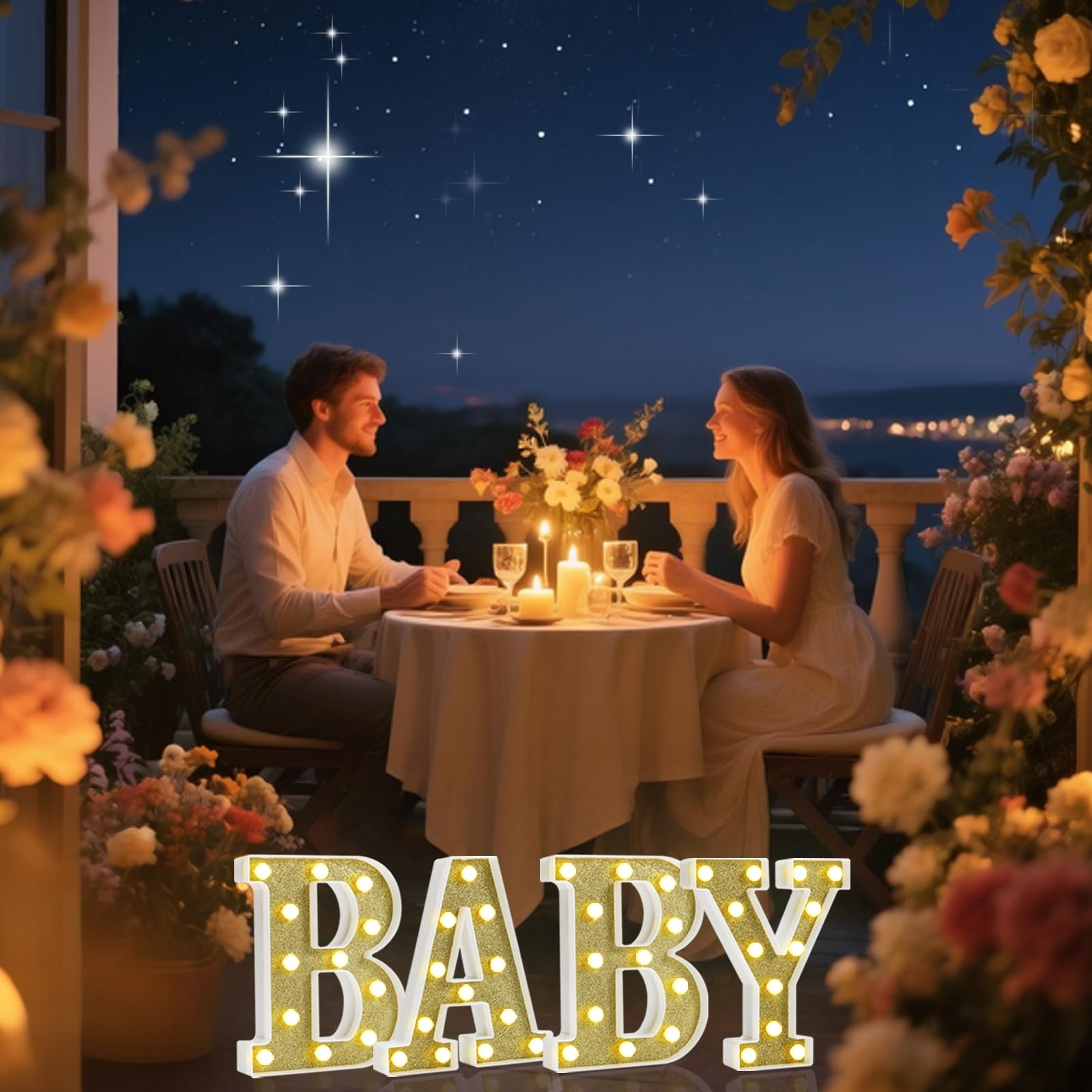 Pooqla BABY Marquee Light Up Letter Set, Gold Glitter Glowing Letters for Baby Shower Girl Boy Birthday Party Backdrop, LED Light Up Letter for Gender Reveal Home Bedroom Nursery Table Wall Decor