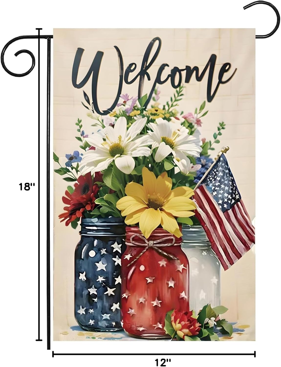 Patriotic 4th of July Mason Jar Flowers Garden Flag - Double-Sided Burlap 12x18 for Summer Celebrations