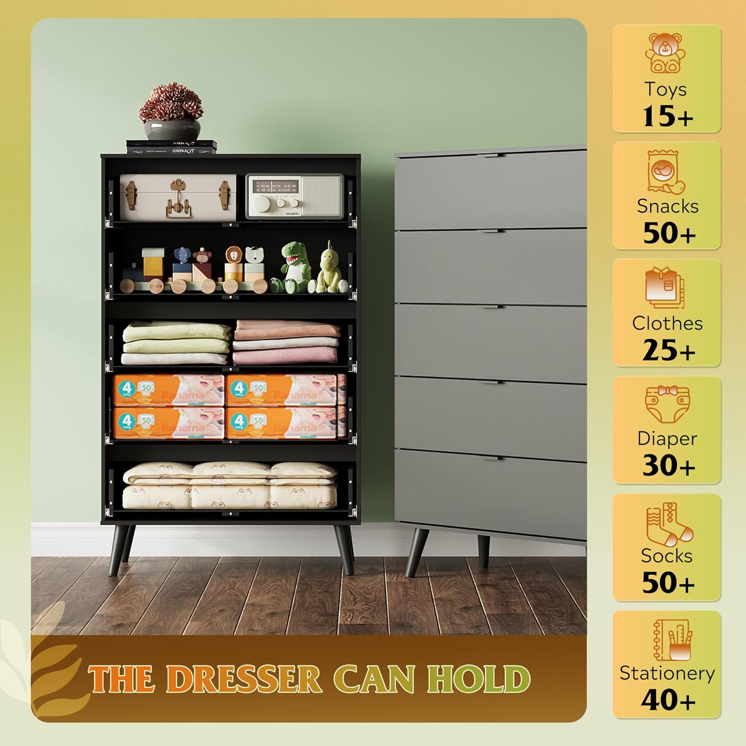 WLIVE 5 Drawer Dresser - Tall Wooden Storage Organizer with Sturdy Metal Handles | Black Finish for Bedroom & Living Room