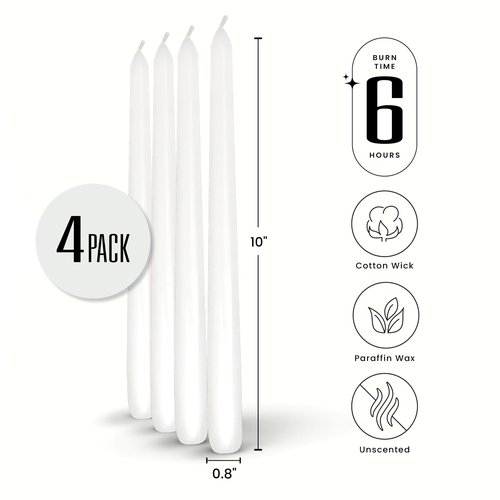 Leor & Lair White Taper Candles - 4 Pack 10" White Candlesticks - Unscented Long Burning Candle Sticks for Home Decoration, Holidays, Weddings, Religious, Restaurants & Business Events