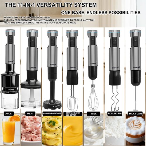Handheld Immersion Blender Bundle, 1000W Powerful 11-in-1 Set for Smoothies,Orange Juicer,Minced meat,Milk frother,Egg Beater, Dough Hook, Vegetable Chopper, Potato Masher