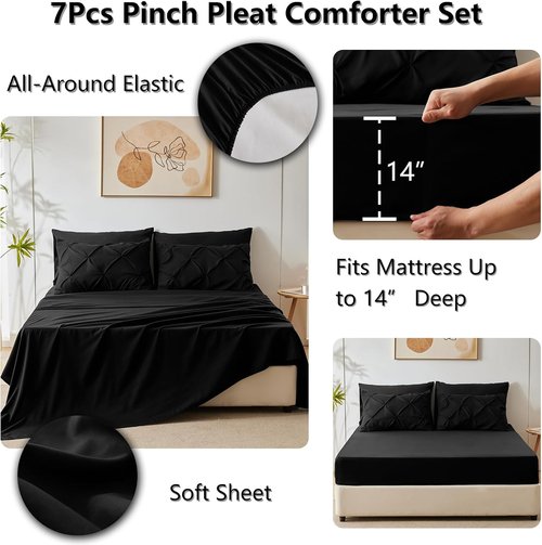 CozyLux Queen Comforter Set - 7-Piece Pintuck Bedding in Premium Black | Includes Comforter, Sheets & Pillowcases