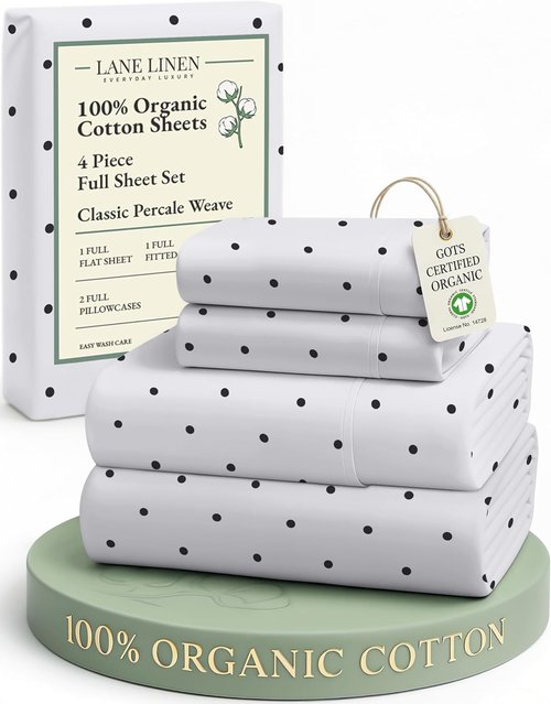 LANE LINEN 100% Organic Cotton Full Sheet Set - Soft, Comfy, Eco-Friendly Percale Bedding | Polka Dot Design