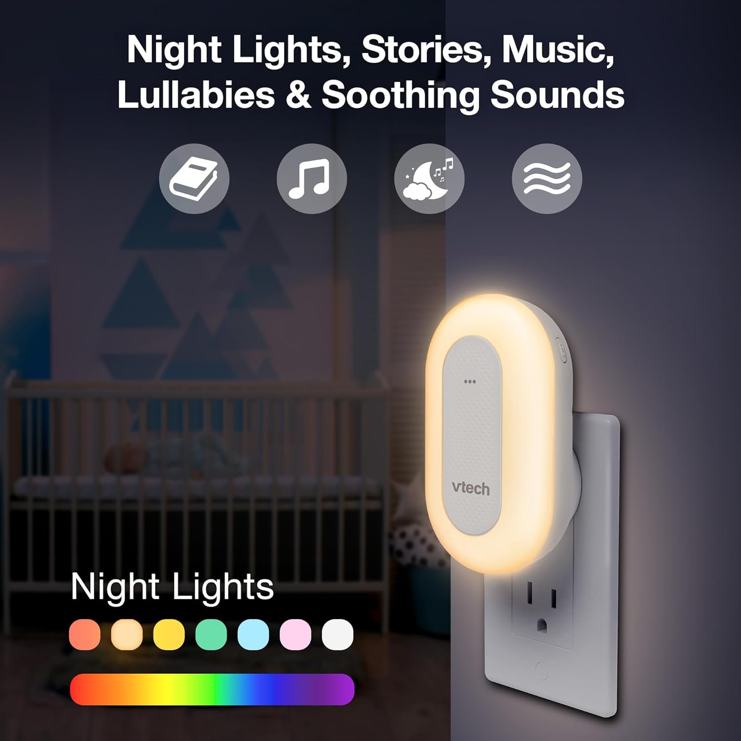 VTech BC8113 V-Hush Plug Sleep Training Soother - 40 Stories & Songs, Bluetooth Speaker, Multi-Color Night Light