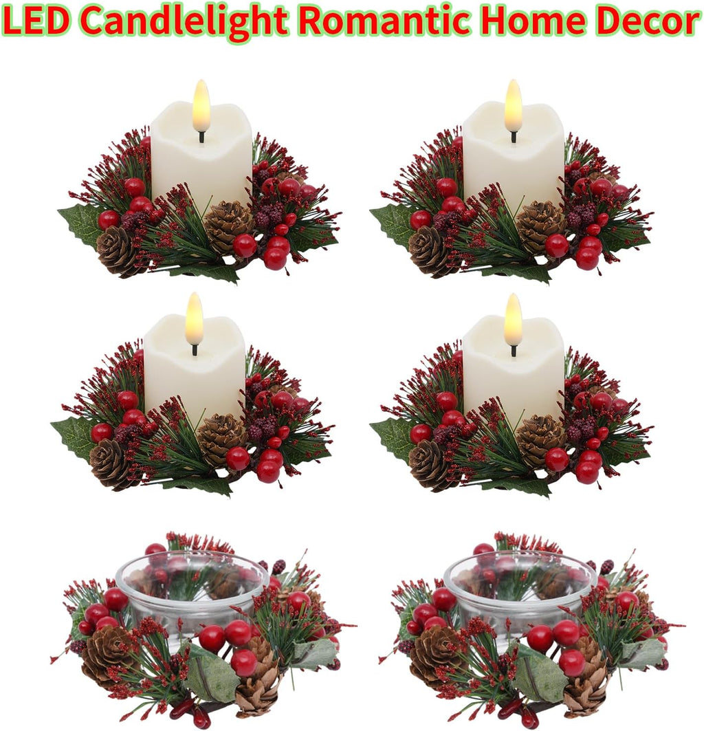 Regine Switzerland Candle Rings Set of 6 - Festive Christmas Wreaths with Red Berries & Pinecones