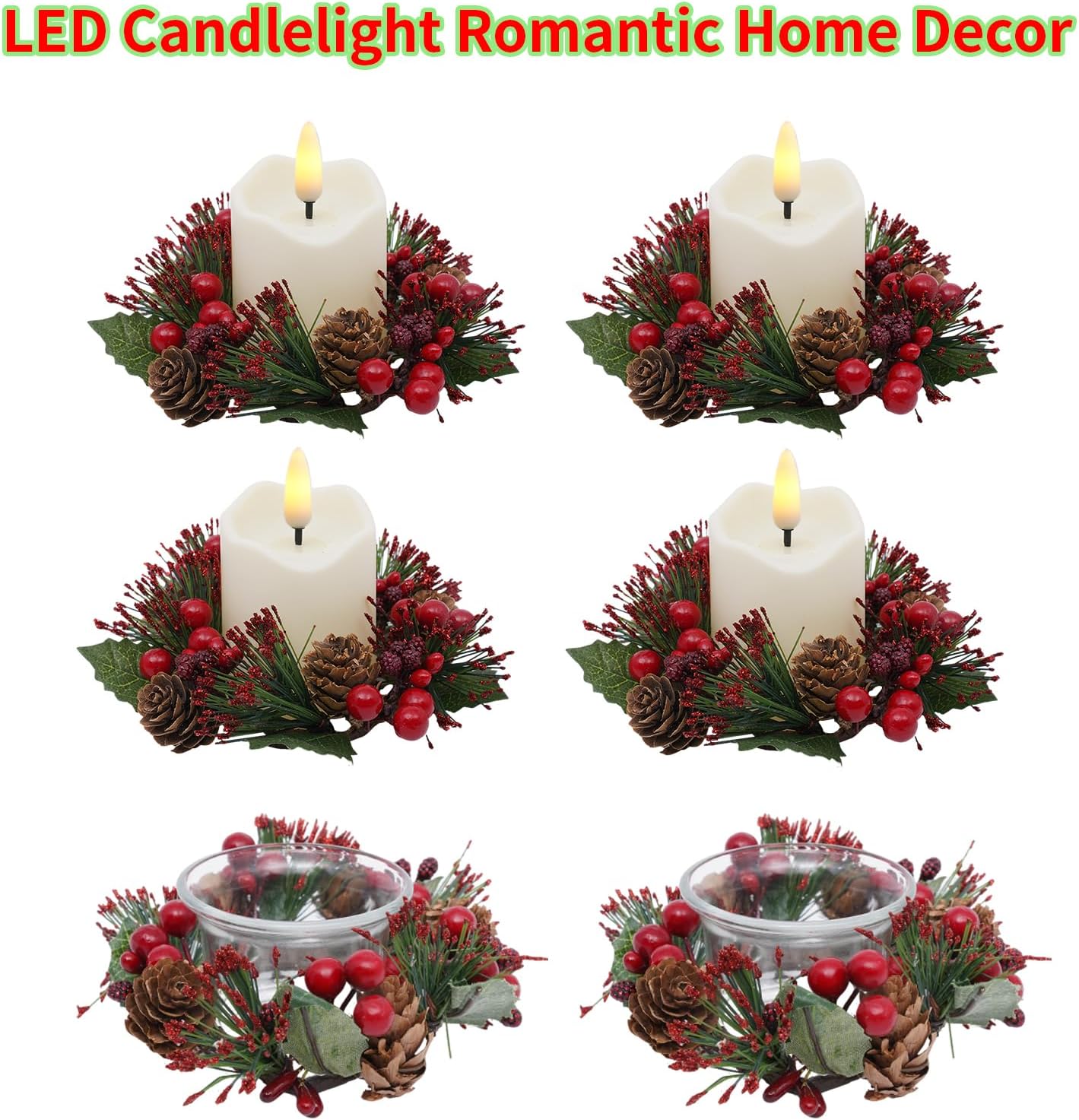 Regine Switzerland Candle Rings Set of 6 - Festive Christmas Wreaths with Red Berries & Pinecones