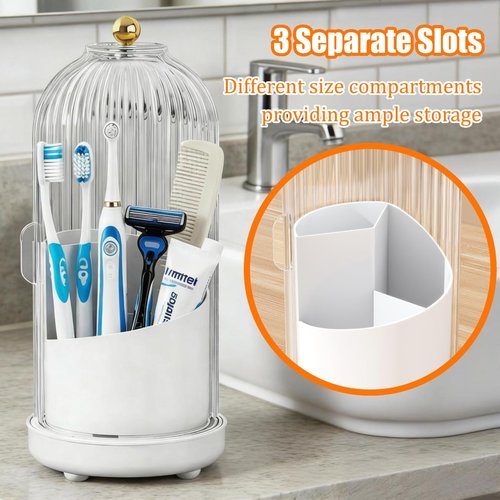 JEESA Toothbrush Holder Organizer, with Drainage Holes, with Dustproof Cover, 360 Rotating, 3 Slots, for Bathroom Countertop, White