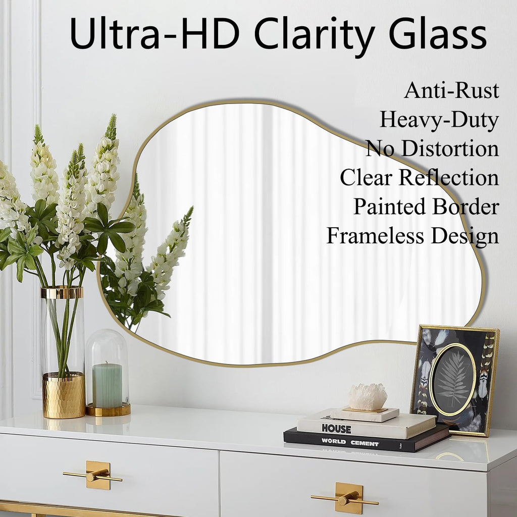 POZINO Gold Irregular Mirror, 30"x20.5" Cloud Shaped Mirrors, Asymmetrical Wall Mirror, Modern Abstract Frameless Mirrors for Living Room Bathroom Bedroom Entryway, Hangs Vertically or Horizontally