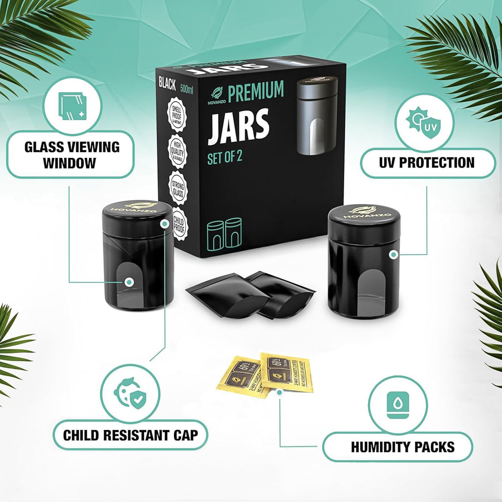 Premium Airtight Glass Storage Jars 500ml, 2 Pack, with 69% Humidity Control Packs - UV Air Tight Jars with Child-Resistant Lid - Airtight Jar Container, Air Tight Storage,Storage Jars for Herb/Spice