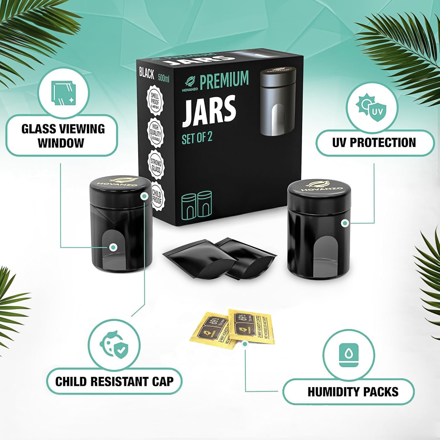 Premium Airtight Glass Storage Jars 500ml, 2 Pack, with 69% Humidity Control Packs - UV Air Tight Jars with Child-Resistant Lid - Airtight Jar Container, Air Tight Storage,Storage Jars for Herb/Spice