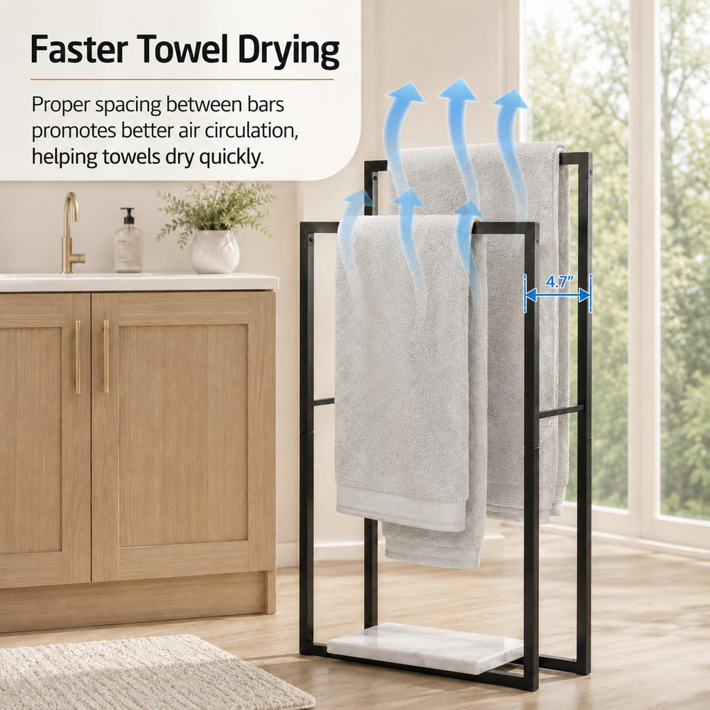 KES Standing Towel Racks for Bathroom with Heavy Marble Base, 38" H Towel Rack Stand for Bathroom 2-Tier, Blanket Rack for Bathroom Floor, Matte Black, BTH501-BK