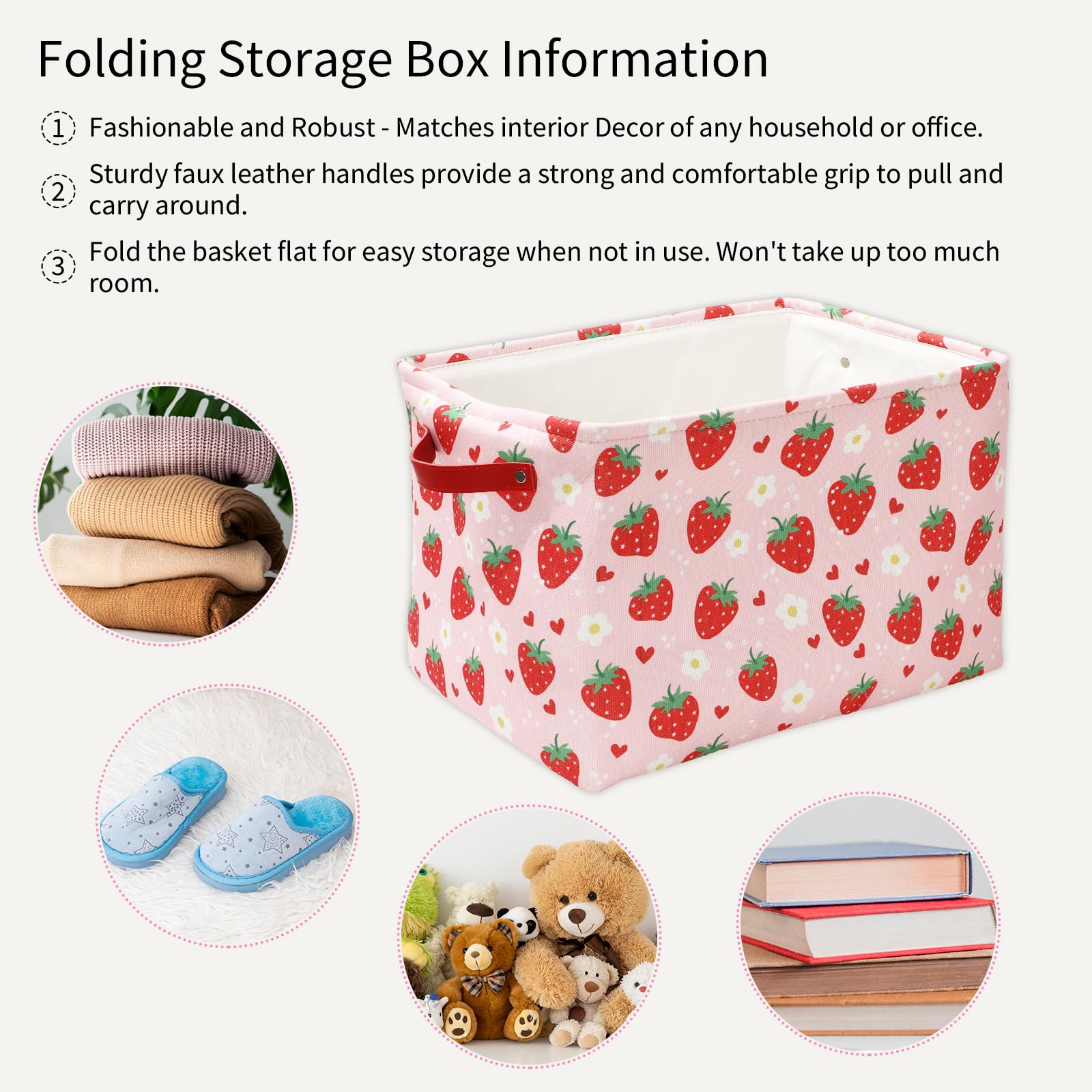 FYSUIMU Strawberry Storage Basket Foldable Strawberry Flower Heart Storage Bin with Handle Red Pink Fabric Basket for Home Office Organizer Decor, 15 x 10.2 x 9.4 Inch
