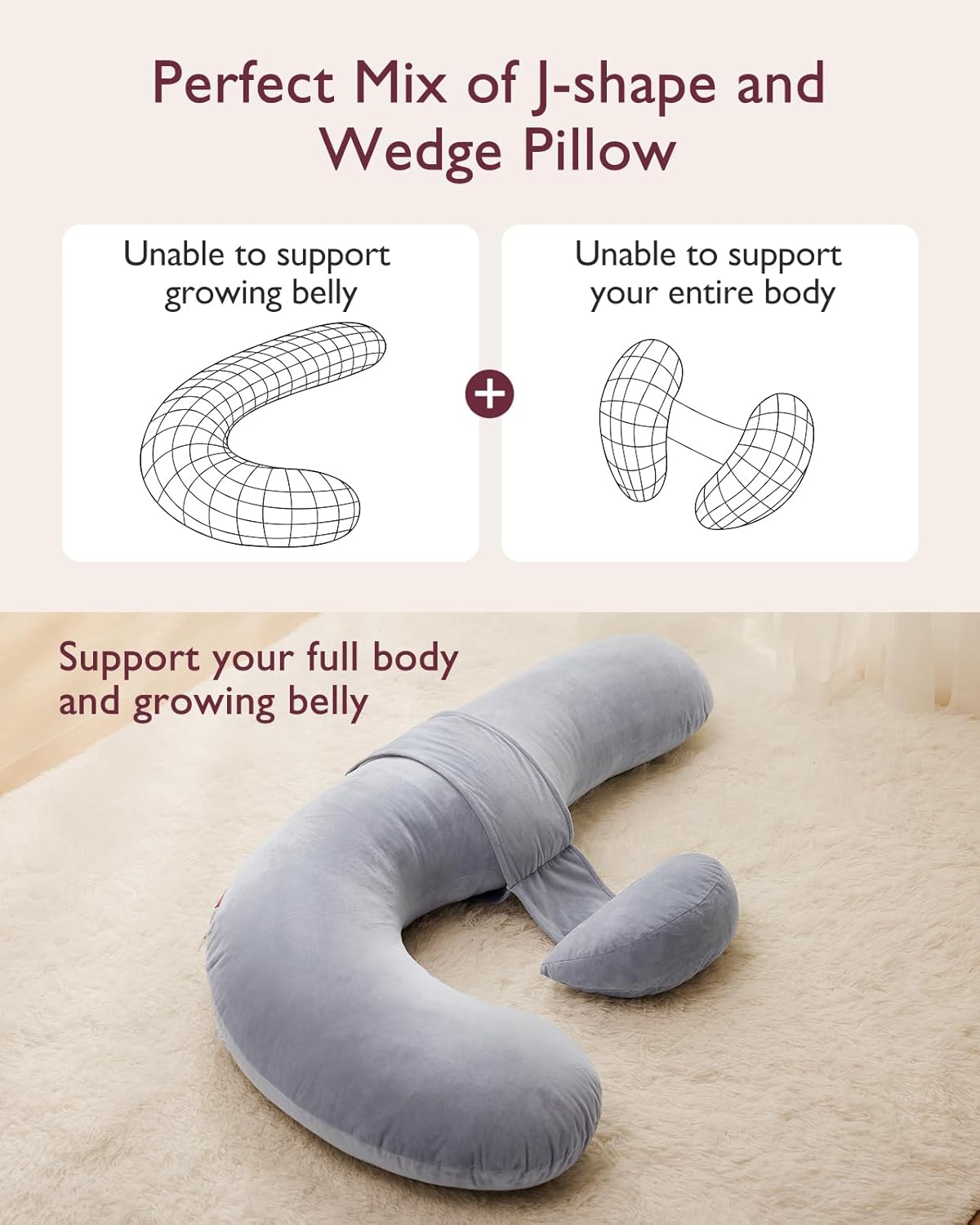 Momcozy Pregnancy Pillow - Original F Shaped Maternity Pillow with Adjustable Wedge - Full Body Support, Grey Velvet Cover