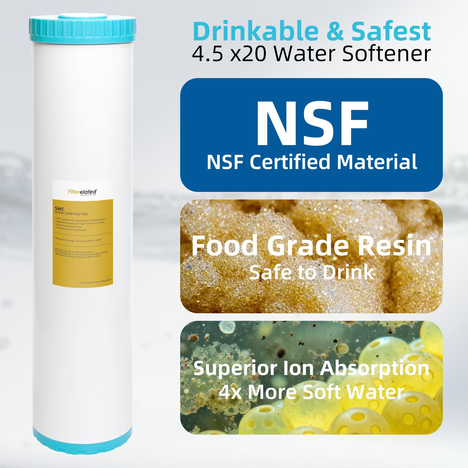 Filterelated Water Softener Filter Cartridge, 4.5 x 20 Inch Whole House Replacement, Fits Standard 4.5"x20" Housings, Removes Hardness & Prevents Scale