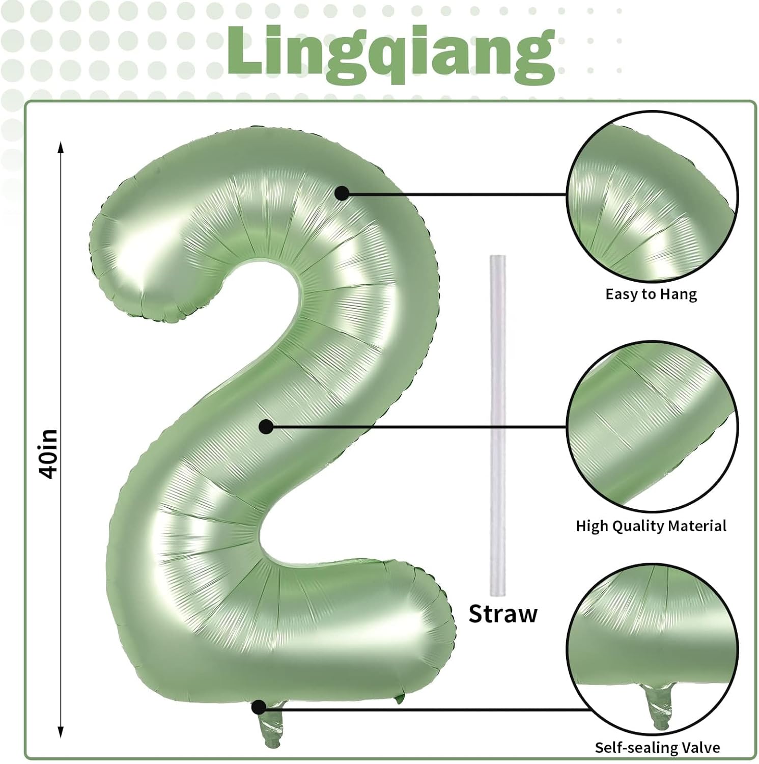 Skiennix 40" Balloon Number 2 - Sage Green Foil Balloon for 2nd, 12th, 20th Birthday & Graduation Celebrations