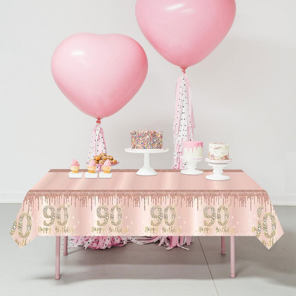 Poqirzan 2PCS Pink Rose Gold 90th Birthday Tablecloth 90th Birthday Table Cover Party Supplies Happy 90st Party Decorations for Women Plastic Disposable Gathering Table Cloth (54"x108")