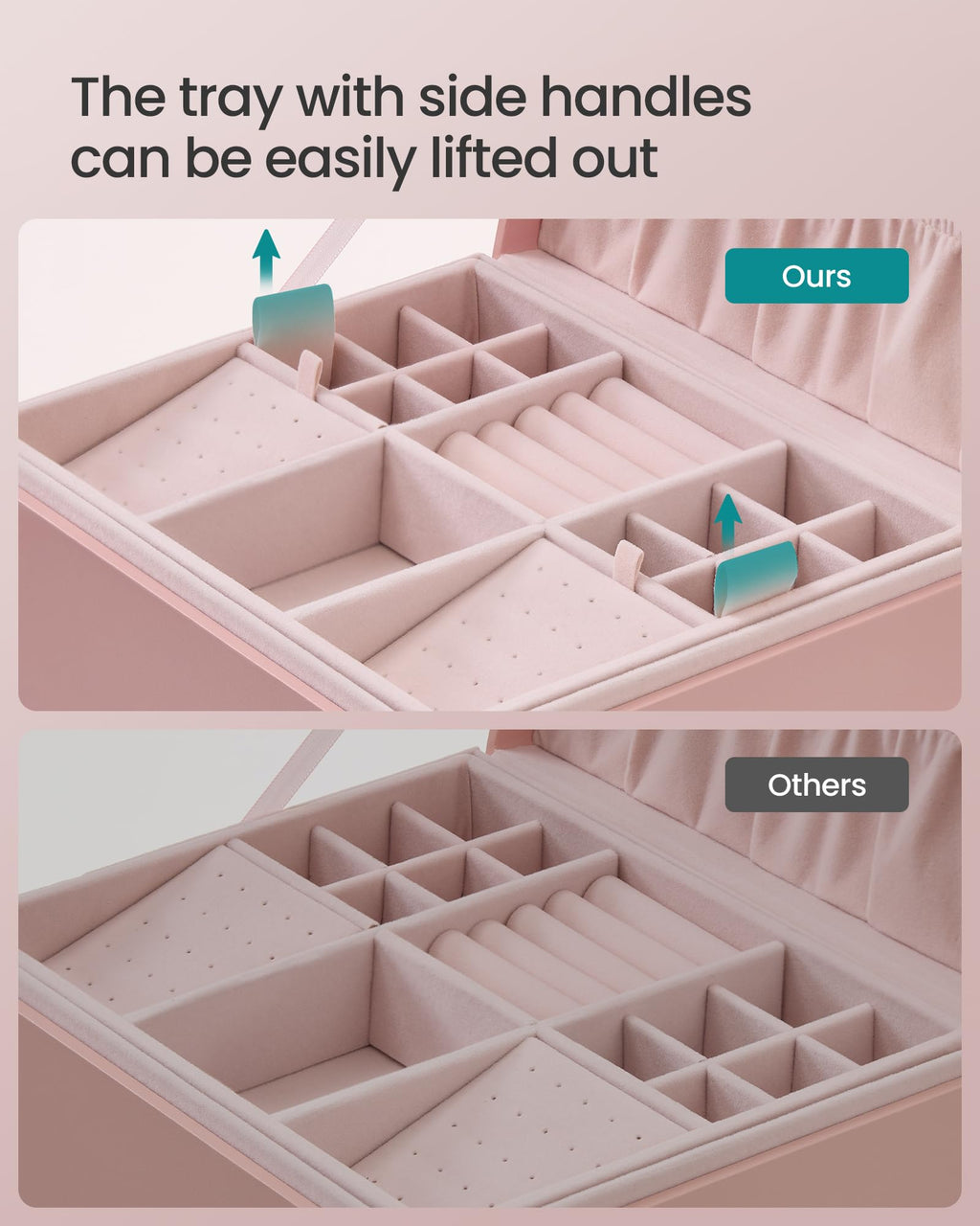 SONGMICS 2-Layer Jewelry Box, Jewelry Organizer with Handle, Removable Jewelry Tray, Jewelry Storage, Floating Effect, 8.1 x 9.4 x 4.3 Inches, Gift Idea, Jelly Pink UJBC165R01