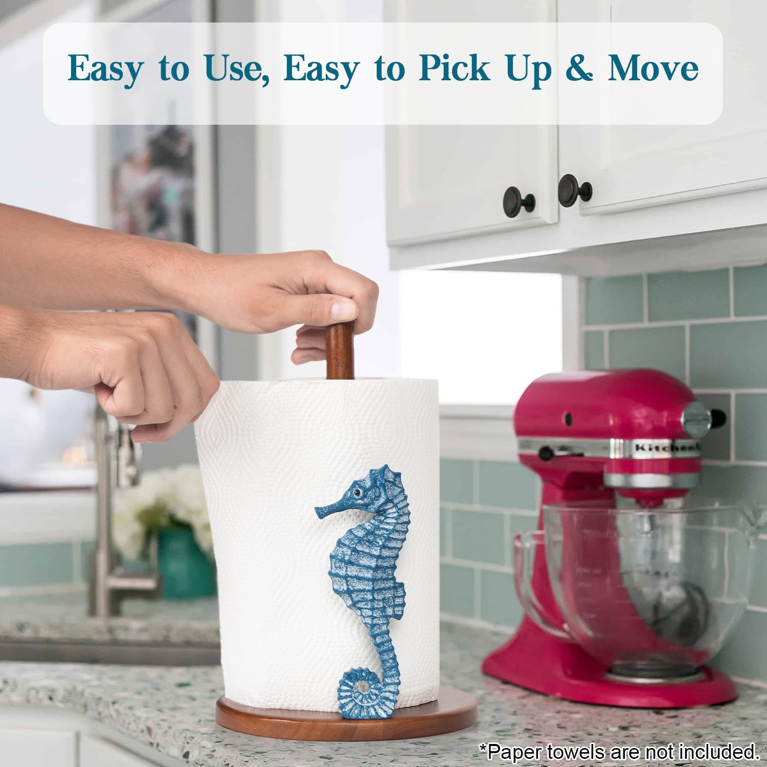 Seahorse Paper Towel Holder - Beach House Decor Unique Coastal Decor Seahorse Gifts for Women, Funny Cute Paper Towel Holder Stand Wood Kitchen Countertop Bathroom Decor Blue Coastal Kitchen