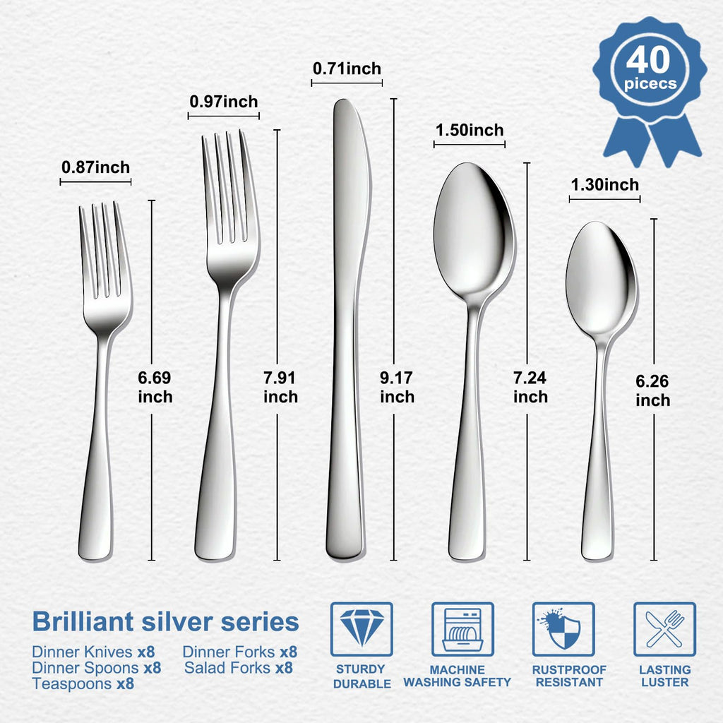 BEWOS 40 Piece Silverware Set - Stainless Steel Silverware Sets for 8 Include Spoon, Forks, Knives, Mirror Polished Flatware Set for Home, Kitchen, Restaurant, Dishwasher Safe