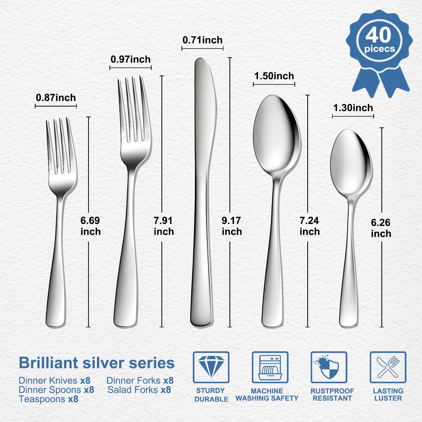 BEWOS 40 Piece Silverware Set - Stainless Steel Silverware Sets for 8 Include Spoon, Forks, Knives, Mirror Polished Flatware Set for Home, Kitchen, Restaurant, Dishwasher Safe
