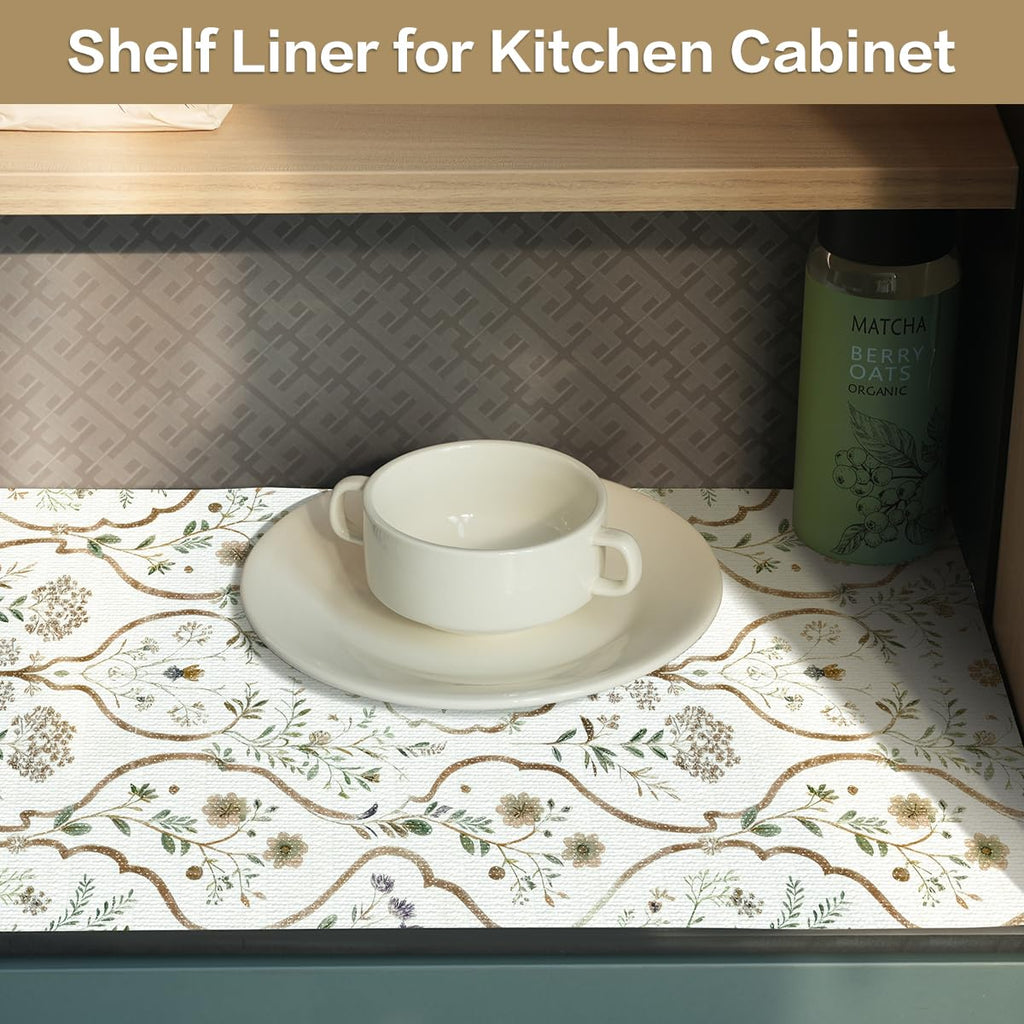 Vuacepe Drawer and Shelf Liner for Kitchen Cabinets Non-Adhesive Drawer Liners Strong Grip Floral Shelf Liners Non-Slip Cabinet Liner,Waterproof Kitchen Cabinet Liners for Shelves,12IN × 10FT