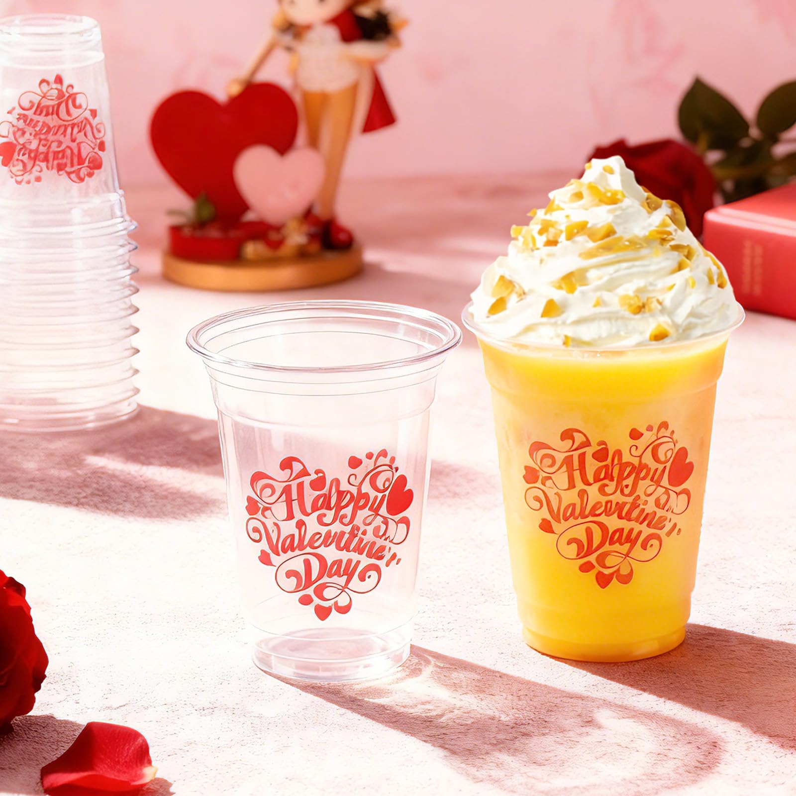 Gistome 50 Pcs 12 oz Valentine’s Day Plastic Cups, “Happy Valentine’s Day” and Heart Pattern Printed Disposable Cups, Red Love Design Cups for Beverages, Parties, Weddings, and Romantic Celebrations
