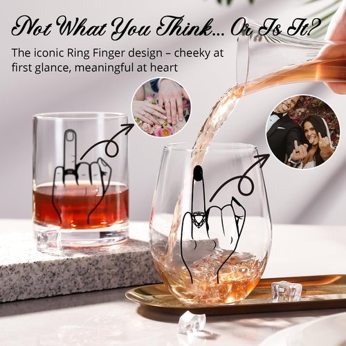 Funny Engagement/Wedding Gift for Couples – Ring Finger Wine and Whiskey Glass Set–Cool Bridal Shower/Bachelorette Gift for Bride Groom, Newlyweds,Just Married,Mr and Mrs for Valentines Day