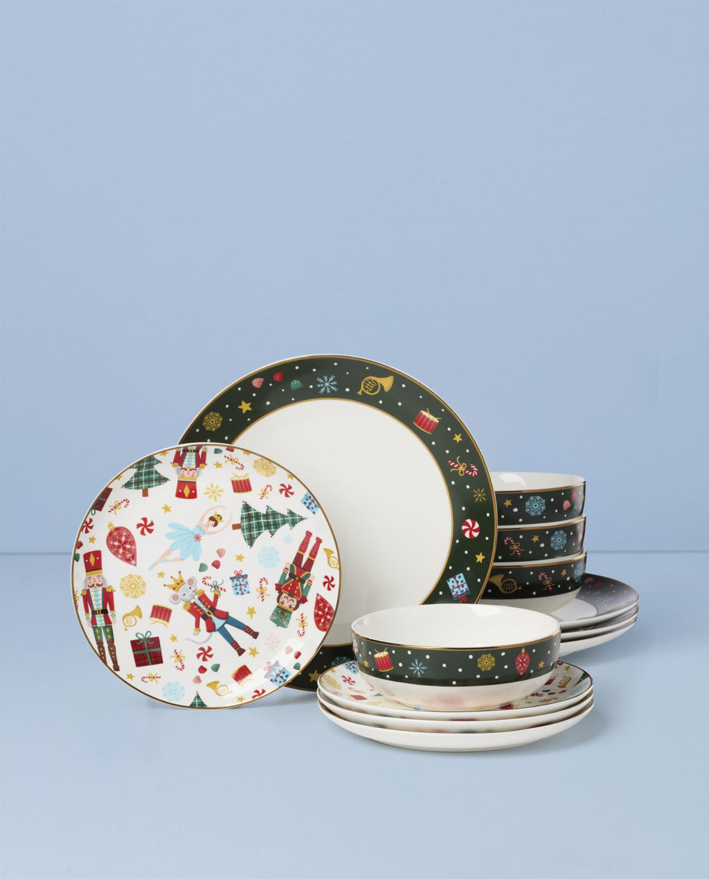 Lenox Dinnerware Set, Nutcracker Ballet 12-Piece Dinnerware Set, Service for 4, Made Of Porcelain, Dishwasher/Microwave Safe, Includes Plates and Bowls for Pasta and Salad, Christmas Decor (12 Piece)