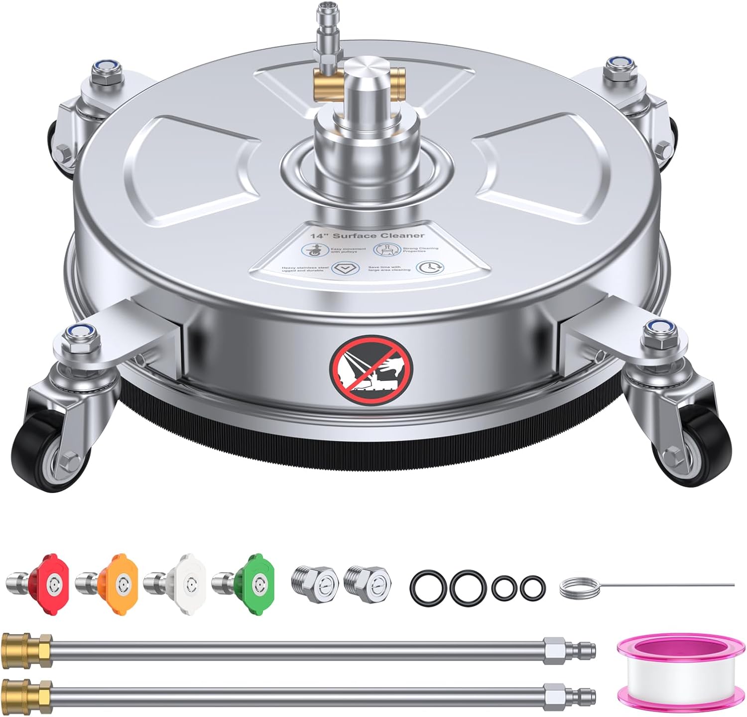 Pressure Washer Surface Cleaner - 14" 4500 PSI | Durable 304 Stainless Steel, 4 Wheels & 2 Wands