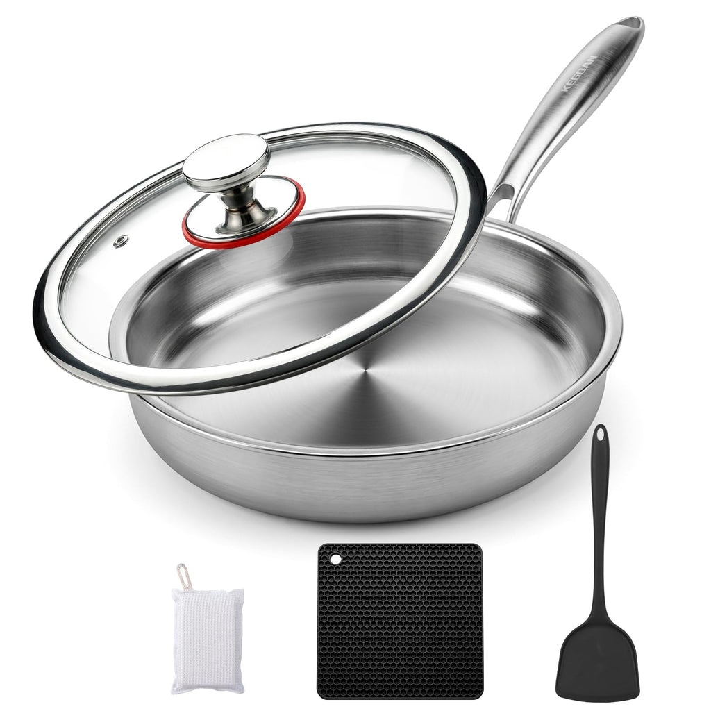 KEGDAN 12 Inch Stainless Steel Pan, 5pcs Tri-Ply Stainless Steel Frying Pan with Lid, Dishwasher & Oven Safe, Induction Cooking Skillets, Fast & Even Heat and Detachable Handle