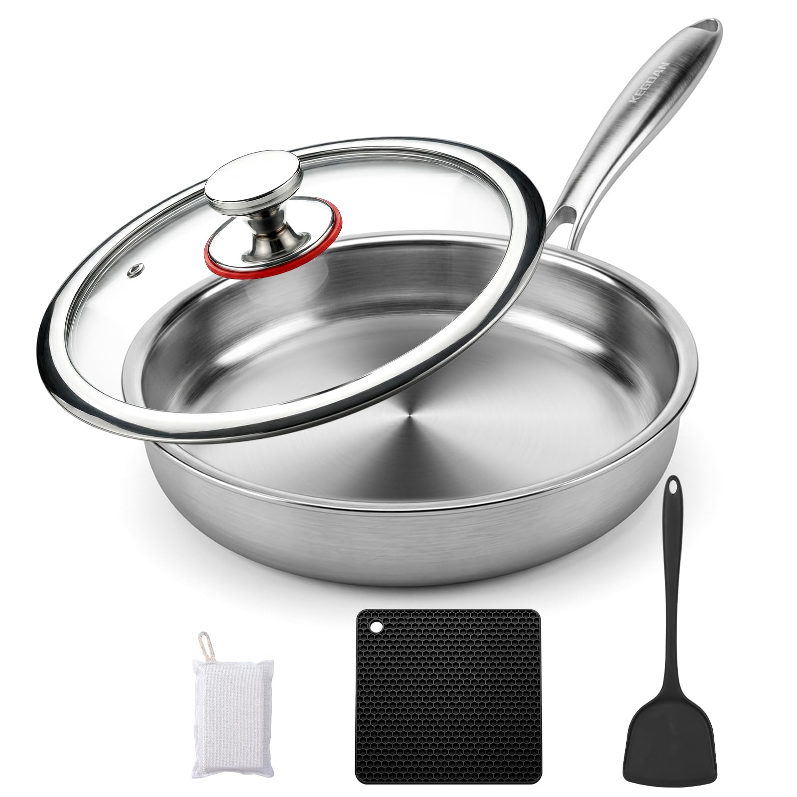 KEGDAN 12 Inch Stainless Steel Pan, 5pcs Tri-Ply Stainless Steel Frying Pan with Lid, Dishwasher & Oven Safe, Induction Cooking Skillets, Fast & Even Heat and Detachable Handle