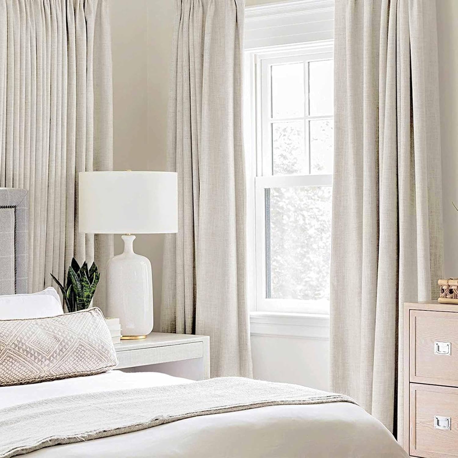 MIULEE Linen Texture Curtains - 100% Blackout Thermal Insulated Drapes | Beige, 52x90 Inch (2 Panels)
