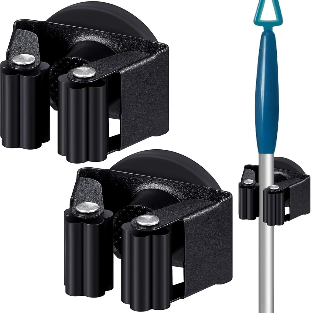 Vercraft Magnetic Mop Broom Holder - Movable Wall-Mounted Rack for Cleaning Tools | Black, 2 Pcs