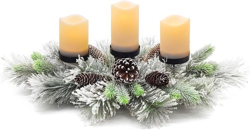 Handcrafted Christmas Centerpiece by [Brand Name] - Snowy Pine Cones & Needles with 3 Candle Holders | 27.5 in