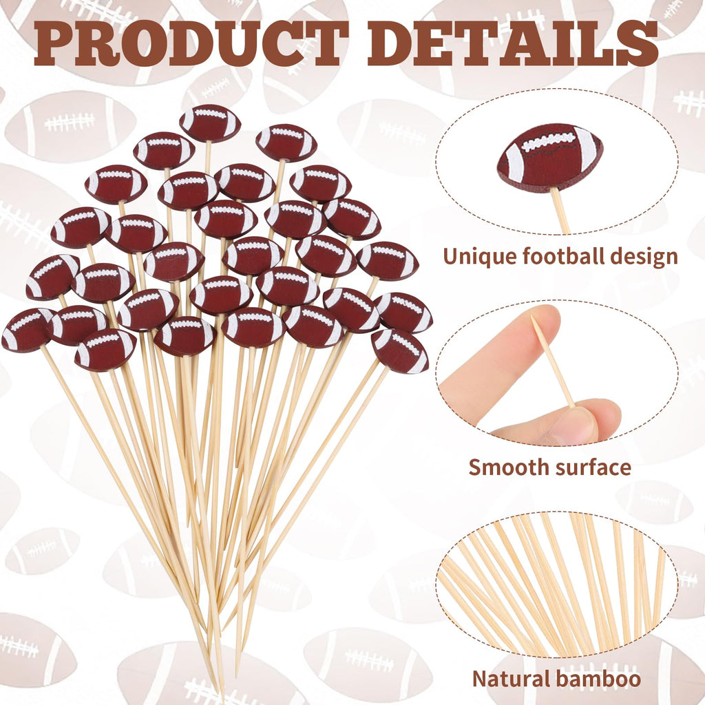 FOIMAS 120pcs Football Cocktail Picks,Football Cocktail Picks for Appetizers Fruit Food Cake Skewers Holiday Birthday Rugby Ball Themed Party Decorations