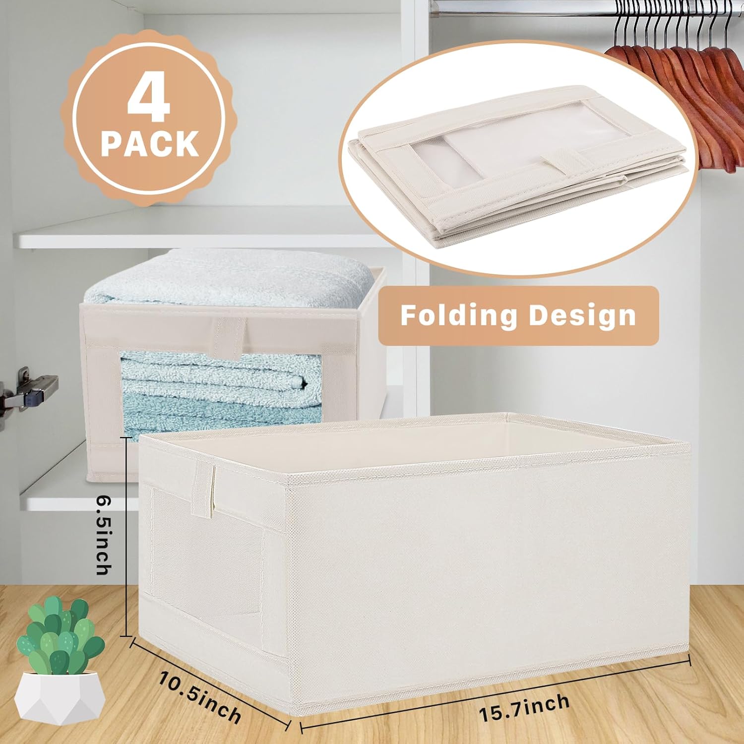 Skiennix Closet Organizer Bins - 4 Pack Foldable Linen Storage Baskets with Window | Beige