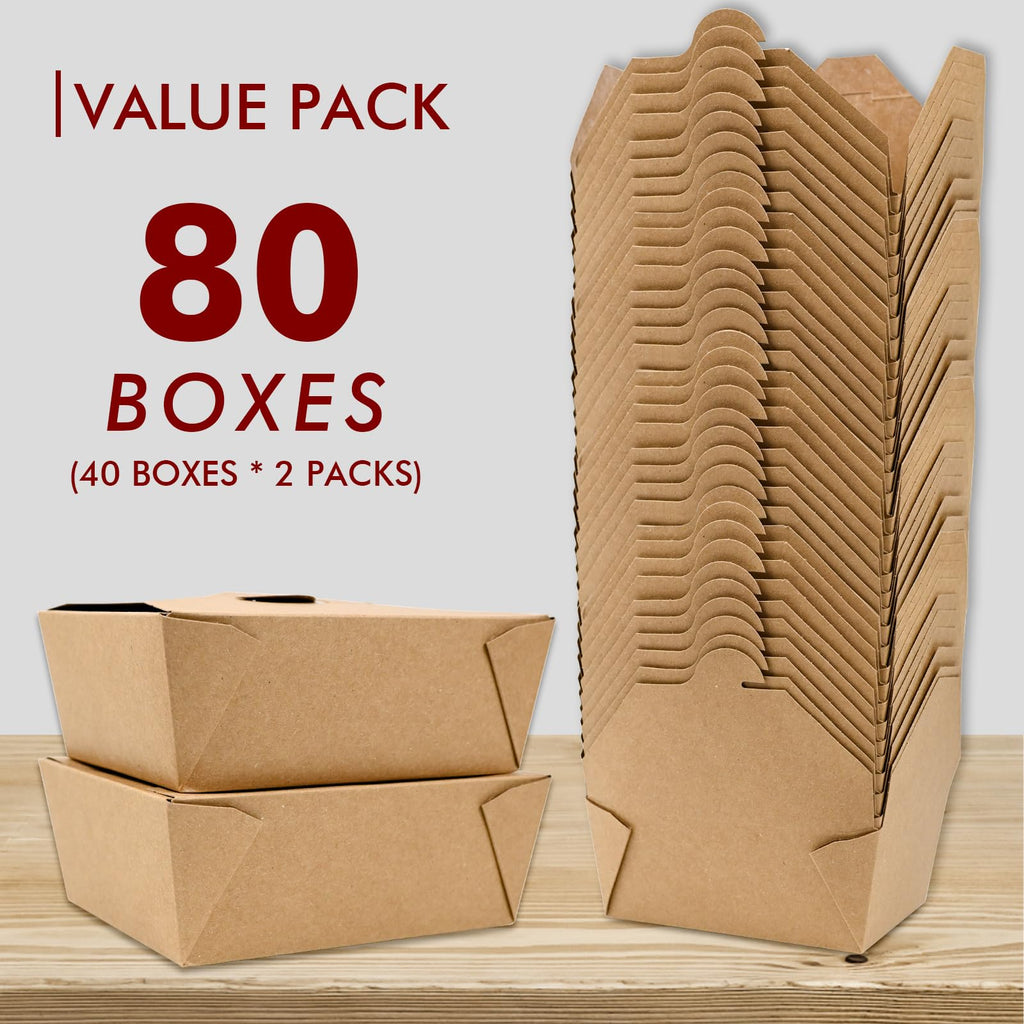 EcoDispose 45 oz Kraft Paper Pack of 80 Fold To Go Containers, Microwaveable Leak and Grease Proof Take Out Boxes for Lunch,Leftover and Restaurant