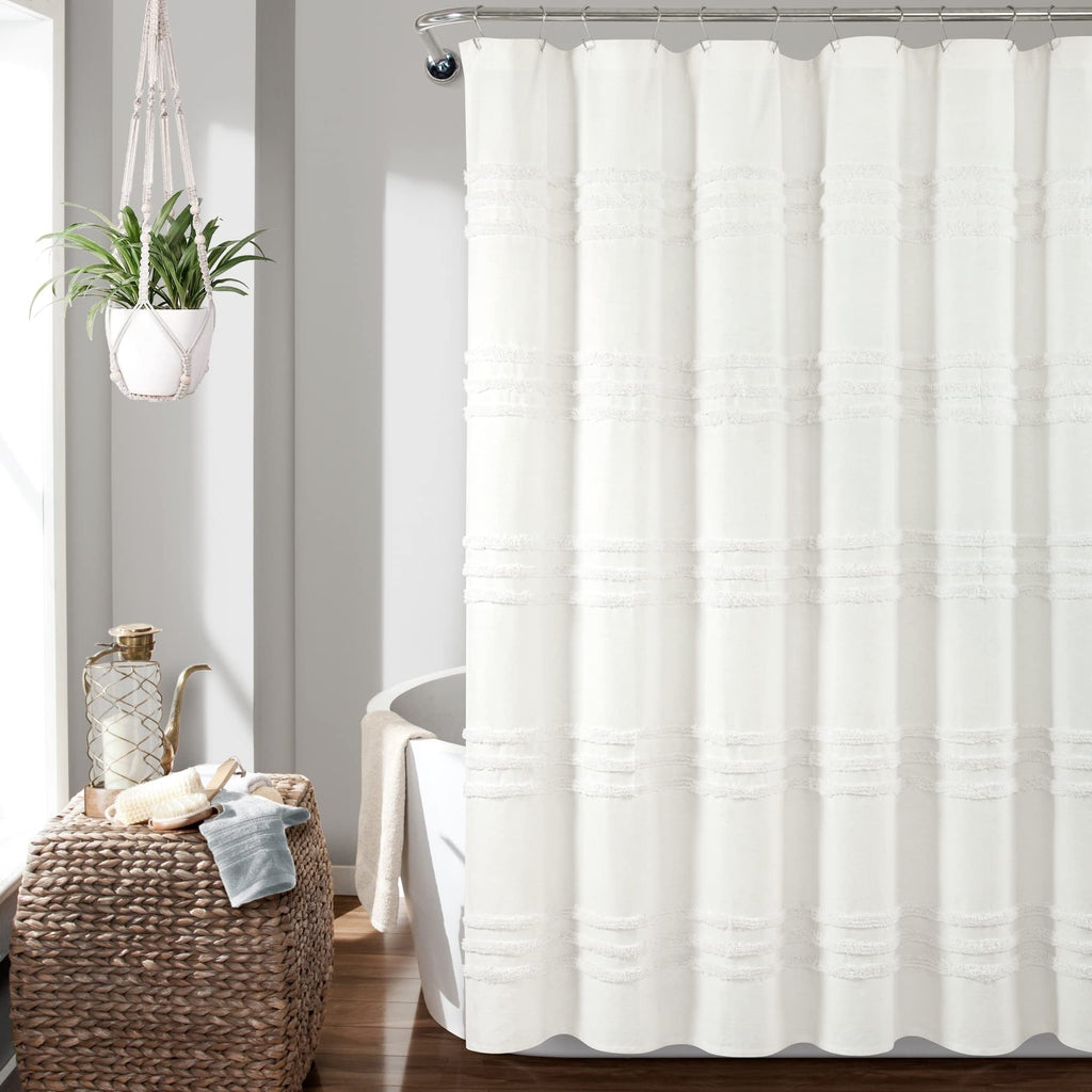 Lush Decor Boho Kendra Tufted Yarn Dyed Cotton Blend Shower Curtain Single 72" W x 72" L White - White Shower Curtains for Bathroom - Bathroom Curtain
