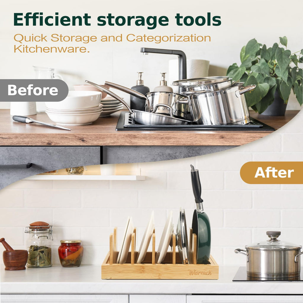 Wisreach Bamboo Pot Lid Organizer, Adjustable Kitchen Organizer for Cabinet, Expandable Pot and Pan Storage Rack, Kitchen Organization for Lids, Bakeware, and Cutting Boards
