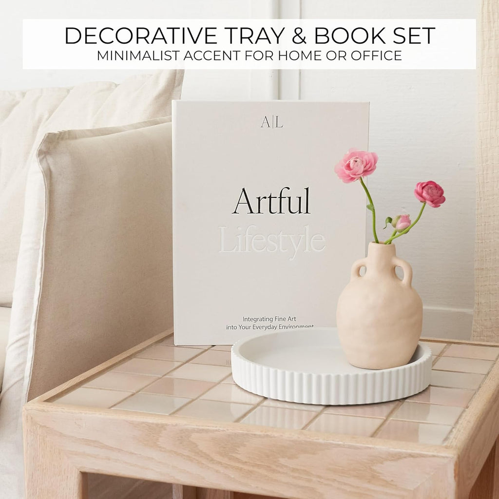 Skiennix Decorative Concrete Tray Set - Scalloped Tray & Linen Box for Stylish Home Decor | Perfect for Living Room or Housewarming Gift