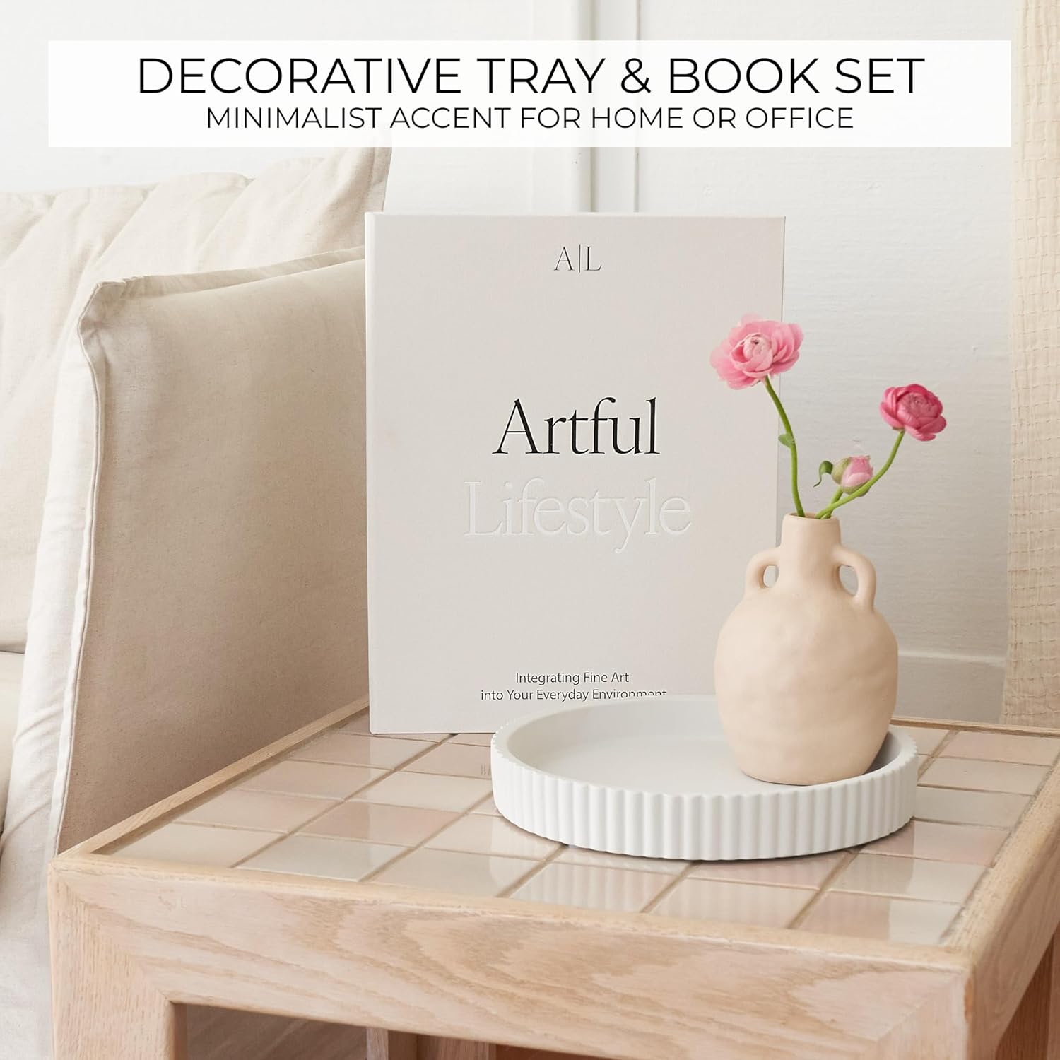 Skiennix Decorative Concrete Tray Set - Scalloped Tray & Linen Box for Stylish Home Decor | Perfect for Living Room or Housewarming Gift