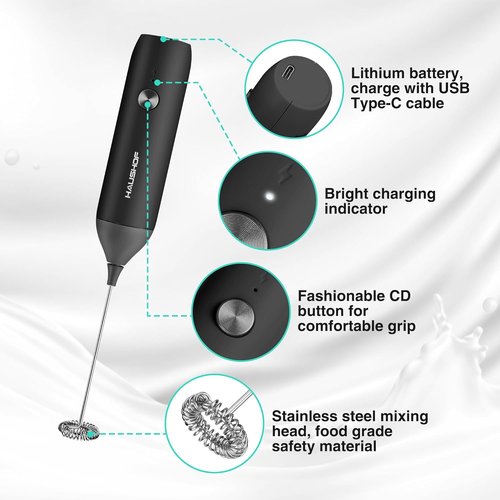 HAUSHOF Rechargeable Milk Frother Wand - Handheld Electric Foam Maker for Coffee, Latte & Cappuccino | Black