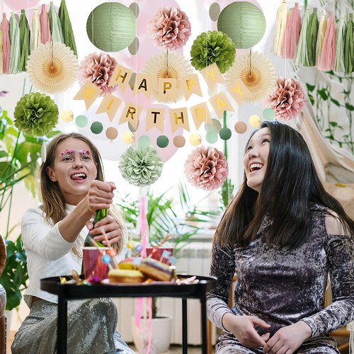 Olive Green and Pink Birthday Decorations Sage Green and Dusty Pink Birthday Decorations Dusty Rose Pom Poms Boho Sage Green Birthday Party Decorations with Green Pink Tassel Garland for Women Girls