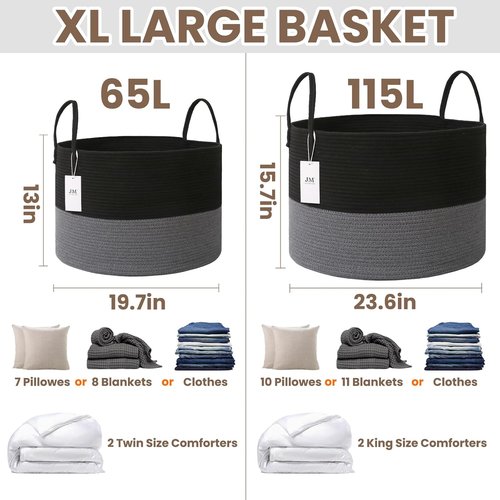 JMvicyroam 65L Extra Large Blanket Basket - Woven Cotton Rope Laundry Hamper with Reinforced Handles | Black & Grey