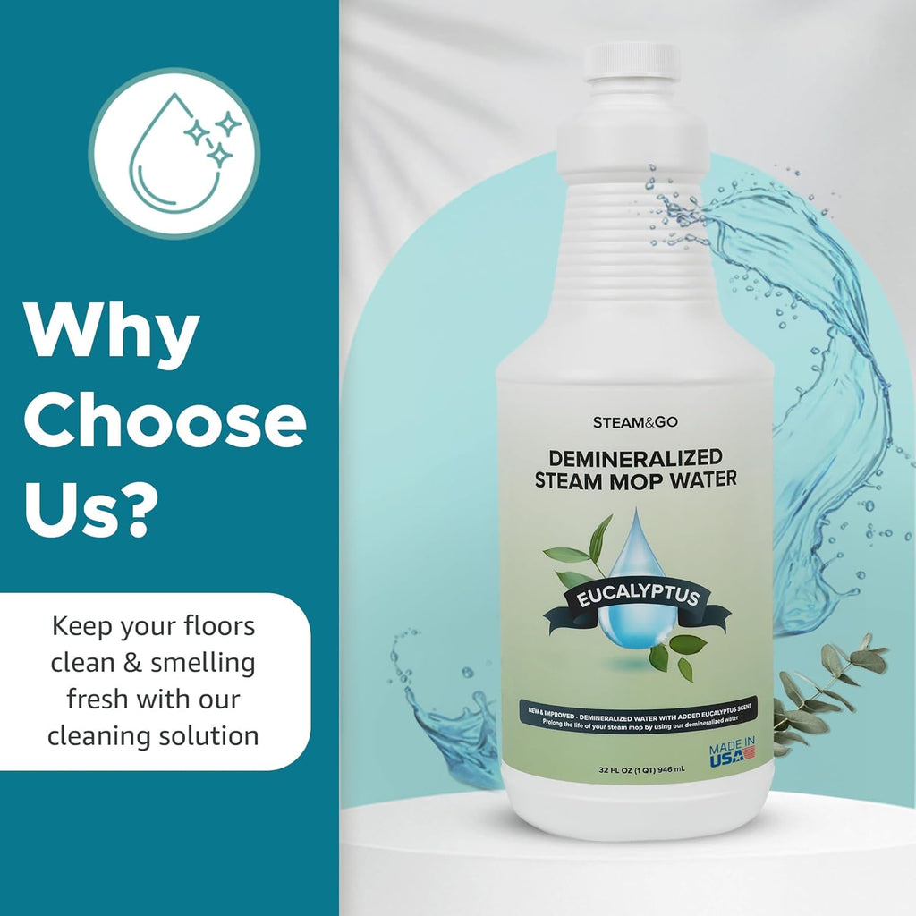 Steam & Go Demineralized Water - Eucalyptus Mint Multi-Surface Cleaner | 32 oz Ready-to-Use Solution