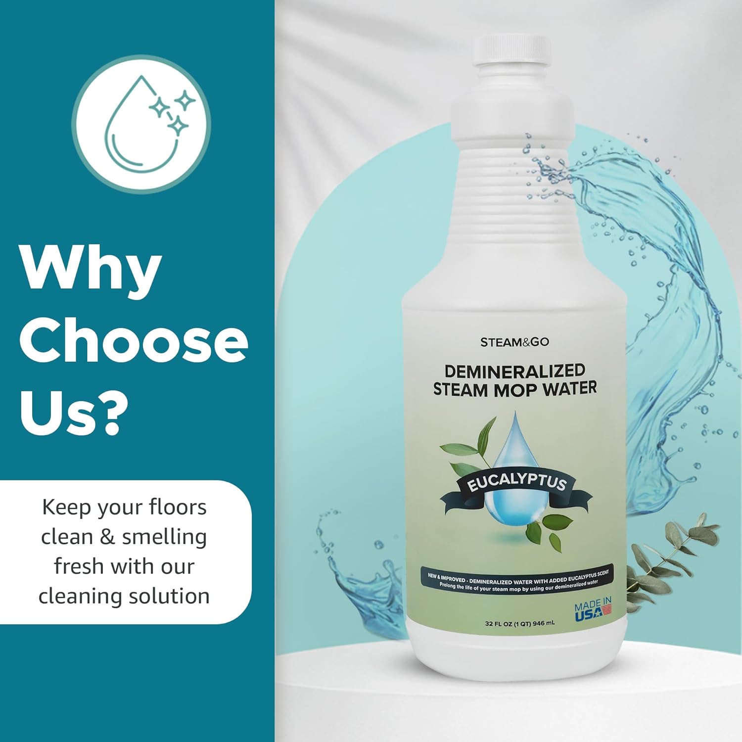 Steam & Go Demineralized Water - Eucalyptus Mint Multi-Surface Cleaner | 32 oz Ready-to-Use Solution